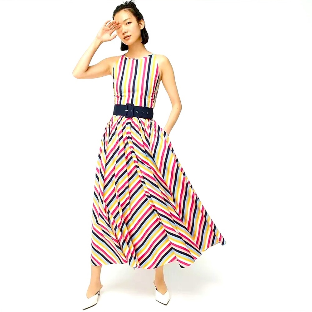 J CREW Rainbow Stripe Navy Blue Belted High Neck Poplin Maxi Dress 12